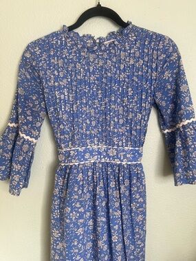 Pink City Prints Blue Floral Midi Dress Prairie Boho Pintuck Cotton S